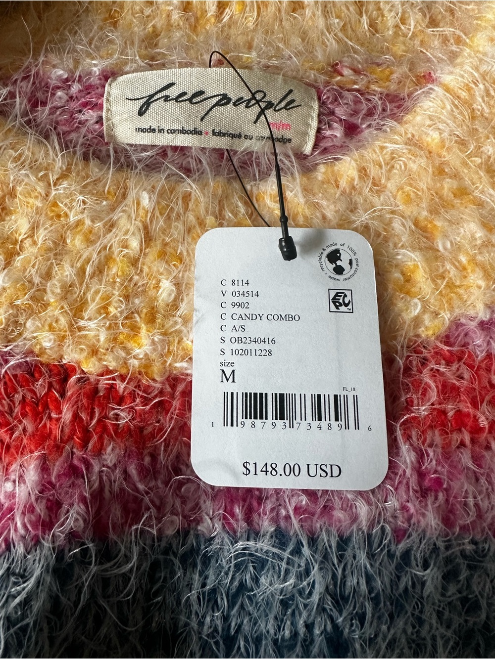 NWT Free People Cream Cowl Sweater with Pink, Blue & Yellow Stripes - Picture 2 of 2